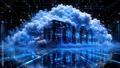 Digital Cloud Metropolis: Towering skyscrapers emerge from a surreal blue cloud formation, set against a backdrop of futuristic data servers and glowing network lines.