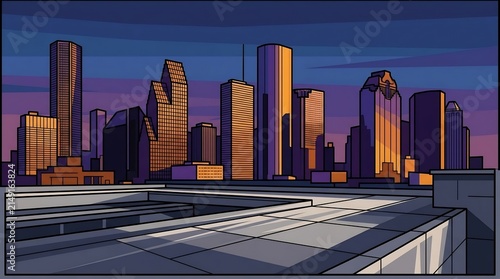 Rooftop view looking out over a city skyline at sunset