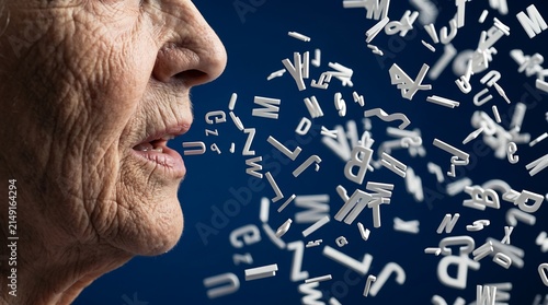 Close up of senior person talking with floating alphabet letters