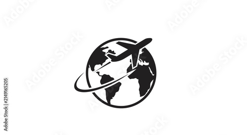 Black and white globe with airplane with white graphic transportation travel flight symbol earth world ring logo icon