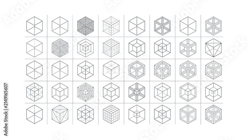 Set of many different isometric cube icons with various geometric line patterns and structural designs for modern digital interface elements