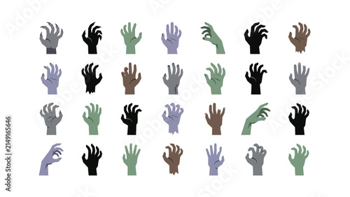 Set of scary zombie hands and monster fingers in various spooky poses and gestures for halloween design projects Vector