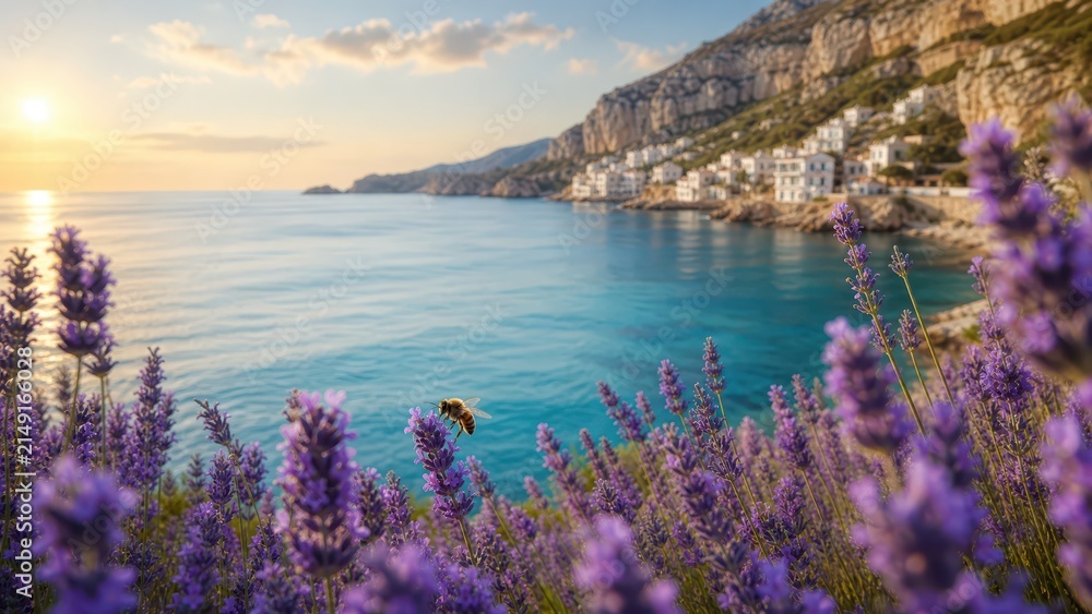 Obraz premium A breathtaking coastal view adorned with vibrant flowers at sunset provides a picturesque scene by the tranquil water in a truly scenic location