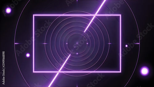 Abstract neon purple geometric design with glowing concentric circles, symmetry and luminous intersecting lines