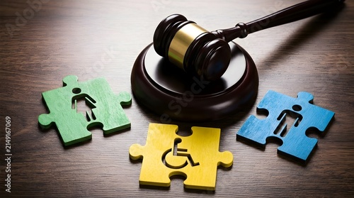 Wooden gavel resting on a sound block with puzzle pieces representing gender equality, diversity, and disability inclusion on a dark wooden table surface