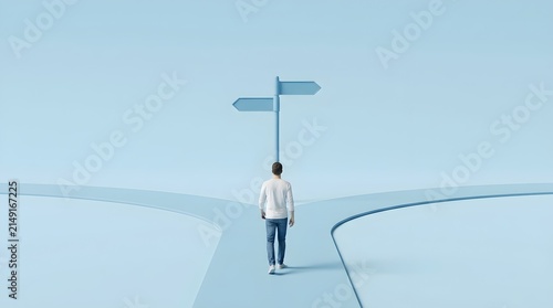 Young man walking towards a directional sign post, choosing between two diverging paths on a clean blue background representing a life decision process