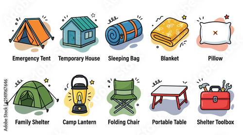 Foto Emergency Shelter and Temporary Housing Relief Icons Set