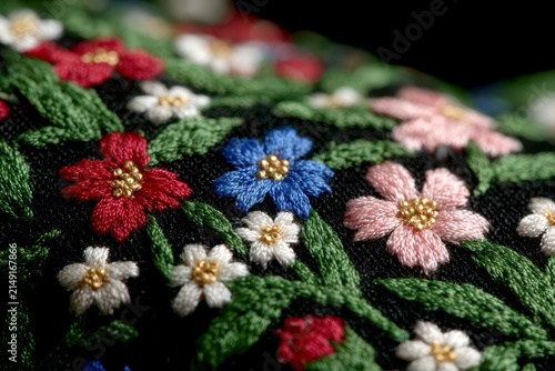 Close up of colorful floral embroidery on black fabric