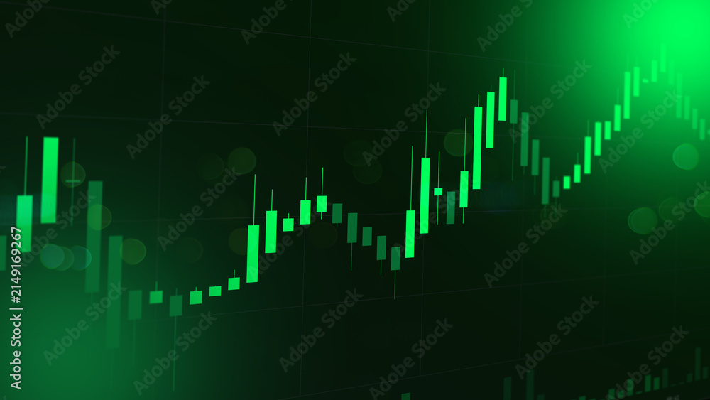 Fototapeta premium Financial stock market graph with candlestick chart on dark green background, digital trading platform, investment concept, forex market data, business growth visualization