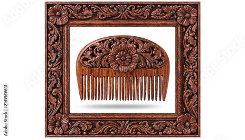 Ornate wooden hair comb centered inside an intricately carved antique mahogany picture frame
