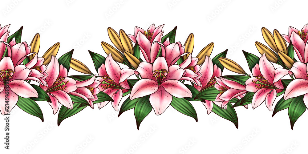 Obraz premium Botanical illustration of lily flowers collection isolated on white background. Hand drawn floral elements clipart for wedding invitations, birthday stationery, greeting cards, textile and labels.