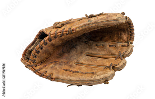 Worn baseball glove viewed from side