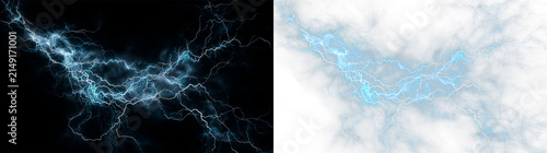 Quadro su tela Blue lightning bolts flash through clouds on a transparent background creating a