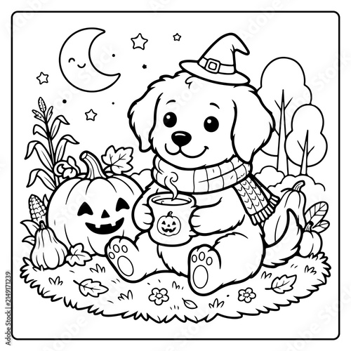 Cozy Fall Puppy Coloring Pages  