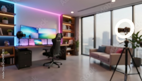 Streaming studio setup blurred modern gaming room professional content creator workspace neon RGB light technology digital lifestyle interior design