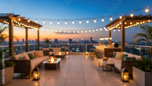 Rooftop terrace city skyline sunset evening luxury outdoor lounge string lights furniture bokeh urban lifestyle penthouse balcony view
