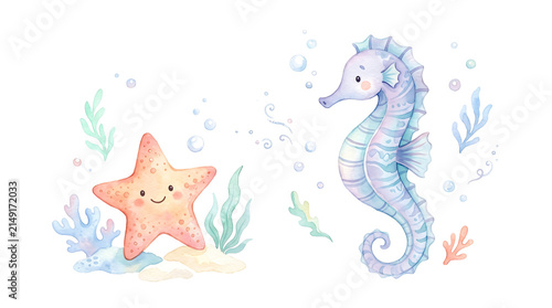Cute watercolor seahorse and smiling starfish with underwater elements on white background.
