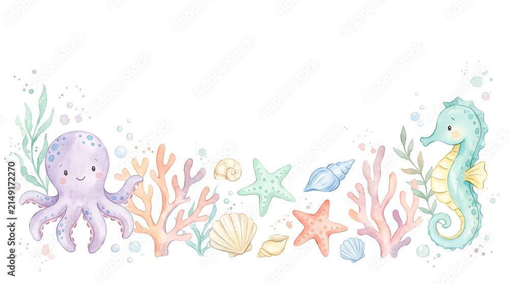 Obraz premium Watercolor Cute Underwater Sea Creatures Border with Octopus and Seahorse.
