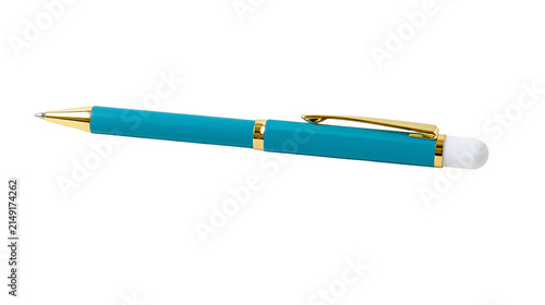 Turquoise ballpoint pen with gold accents and white eraser tip