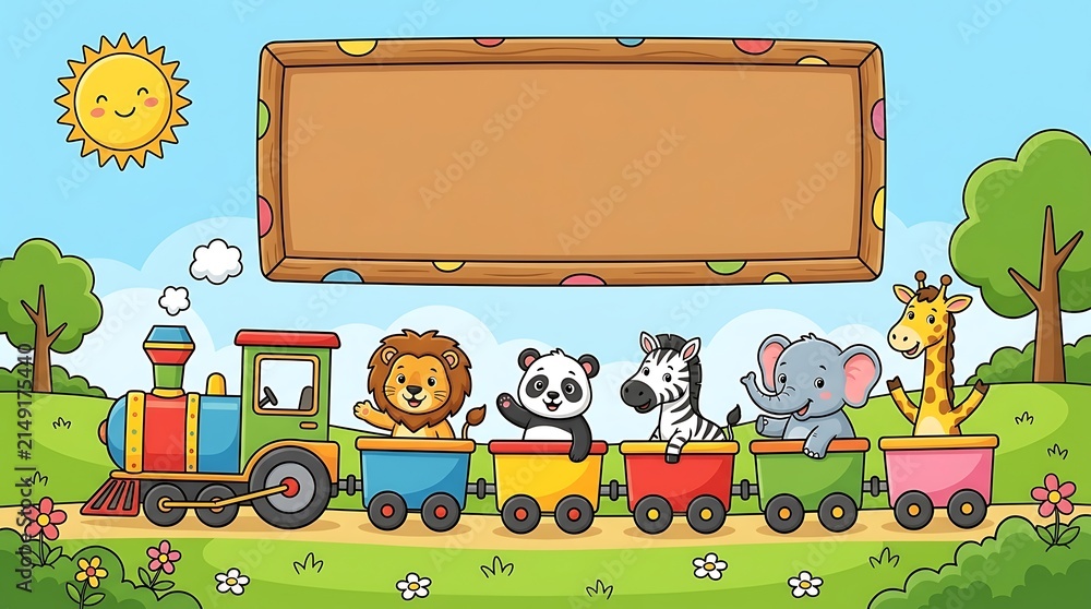 Fototapeta premium Cute wild animals riding a colorful toy train in a sunny park landscape with a blank wooden board for your text