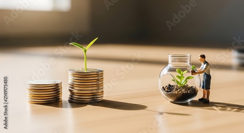 Financial growth concept with green plant sprout on coin stacks, miniature person tending to glass terrarium, sustainable investment