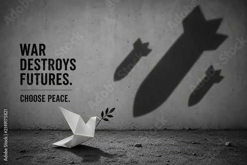 Anti-war poster concept featuring a white paper origami dove with an olive branch casting a shadow of dropping bombs, with text reading 