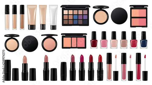 Collection of various makeup products including lipstick foundation eyeshadow palette and nail polish on black background