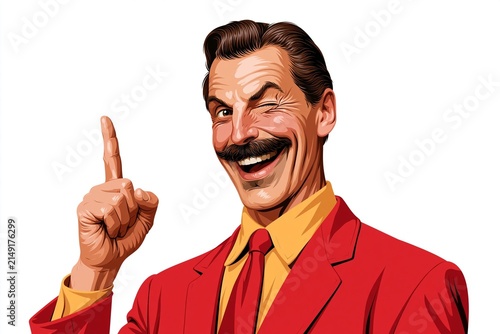 A smiling man with a mustache in a red suit and yellow shirt winks and points upward on a white background