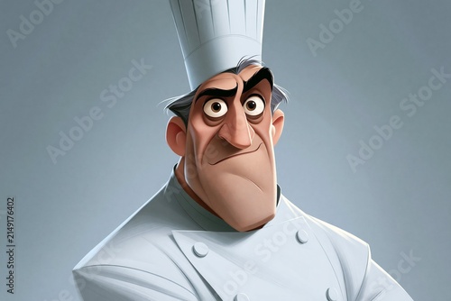 Close-up illustration of a serious male chef with a tall white hat and uniform against a plain gray background