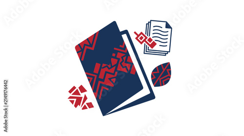 Open Notebook with Geometric Pattern, Papers, and Leaf Icon