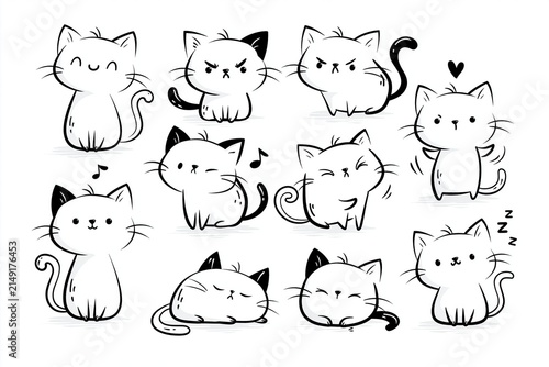 Collection of eleven hand-drawn cartoon cats in various moods and poses including happy, angry, playful, loving, and sleeping on a white background