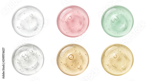 Set of cosmetic gel drops with air bubbles in various colors isolated on a black background