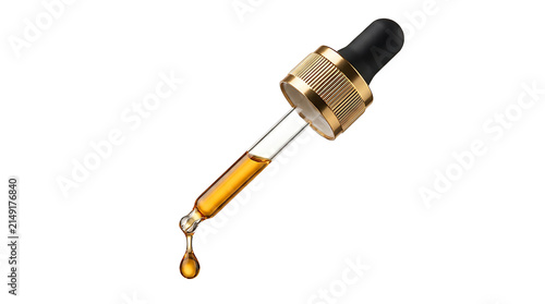 Glass dropper with golden cosmetic serum liquid dripping isolated on a solid black background for skincare product