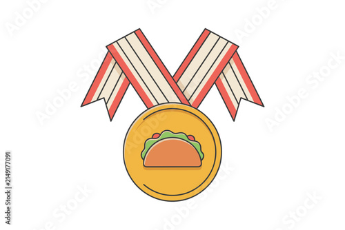 Golden medal with red and white striped ribbon featuring taco emblem for excellence in mexican cuisine achievement and food contest winner recognition.