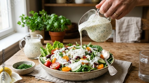 Fresh garden salad being dressed with creamy white sauce at home.