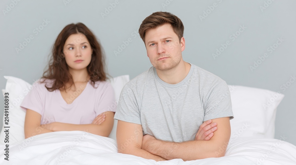 Fototapeta premium His wife expected more: fiasco in bedroom. Bad in bed. Disfunction. Problems in sexual life 