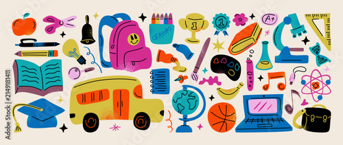 Set clipart back to school stickers elements retro style. 90s cartoon hand drawn of school supplies, art, and science. Groovy vector big collection.