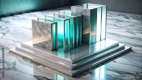 Modern abstract geometric building blocks on reflective marble surface design