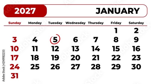 Marking 2027 January 5 on the calendar with a red circle	
