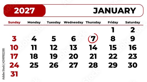 Marking 2027 January 7 on the calendar with a red circle	
