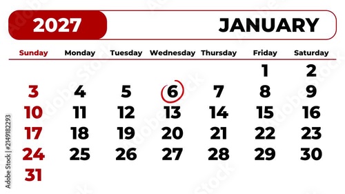 Marking 2027 January 6 on the calendar with a red circle	
