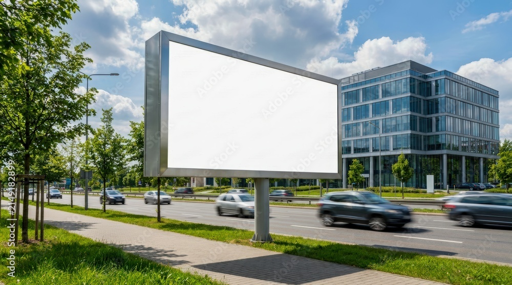 Obraz premium Blank billboard sign on a busy city street with modern office building.