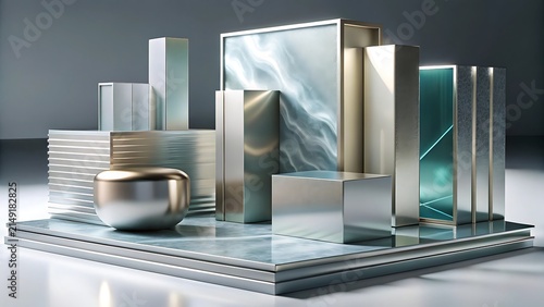 Modern geometric abstract shapes with reflective metallic and glass textures design