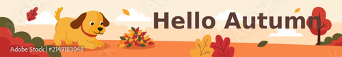 Flat Illustration Dog Playing Autumn Leaf Pile Web Banner Template