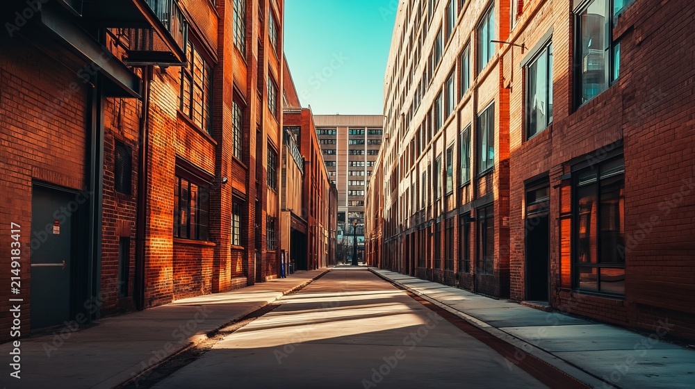 Fototapeta premium Sunny alleyway between terracotta brick buildings
