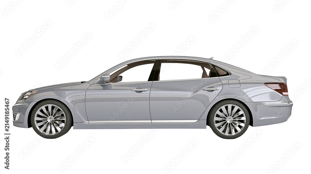 Fototapeta premium Silver sedan car side view with chrome accents