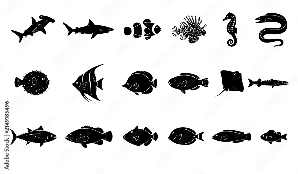 Obraz premium Tropical Marine Animals and Shark Silhouette Icon Set Vector
