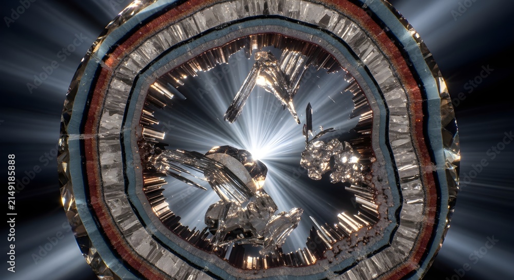 Obraz premium Glowing bright light bursting from the center of an abstract layered crystal geode structure