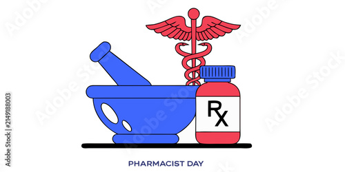 World Pharmacist Day concept featuring mortar pestle rx bottle and medical caduceus flat illustration on white background