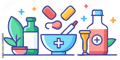 Vector illustration of pharmacy medical supplies featuring mortar, bottles, and pills for healthcare design.